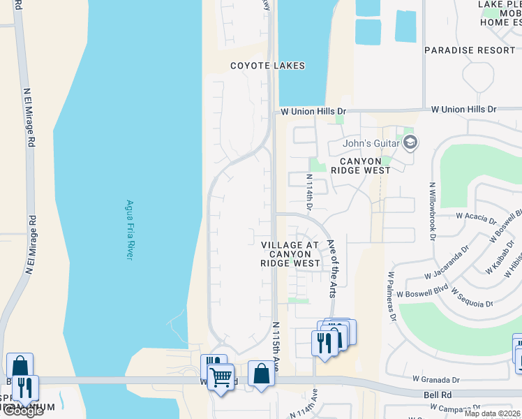 map of restaurants, bars, coffee shops, grocery stores, and more near 11553 West Coyote Court in Surprise
