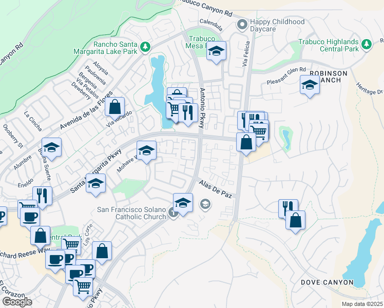 map of restaurants, bars, coffee shops, grocery stores, and more near 13 Vía Honrado in Rancho Santa Margarita