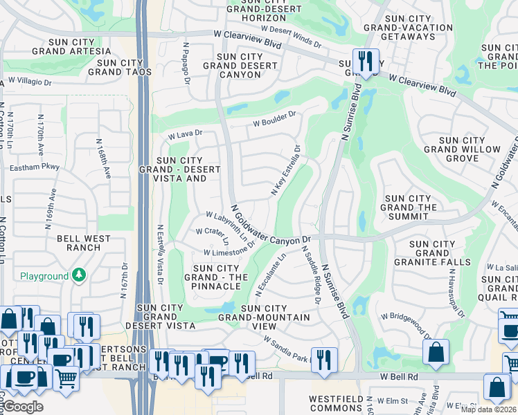 map of restaurants, bars, coffee shops, grocery stores, and more near 16330 West Key Estrella Drive in Surprise