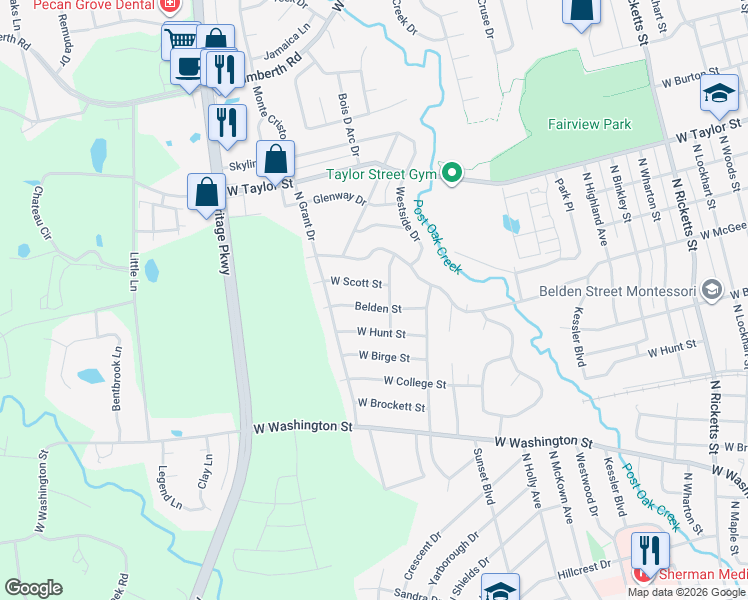 map of restaurants, bars, coffee shops, grocery stores, and more near 1812 West Scott Street in Sherman