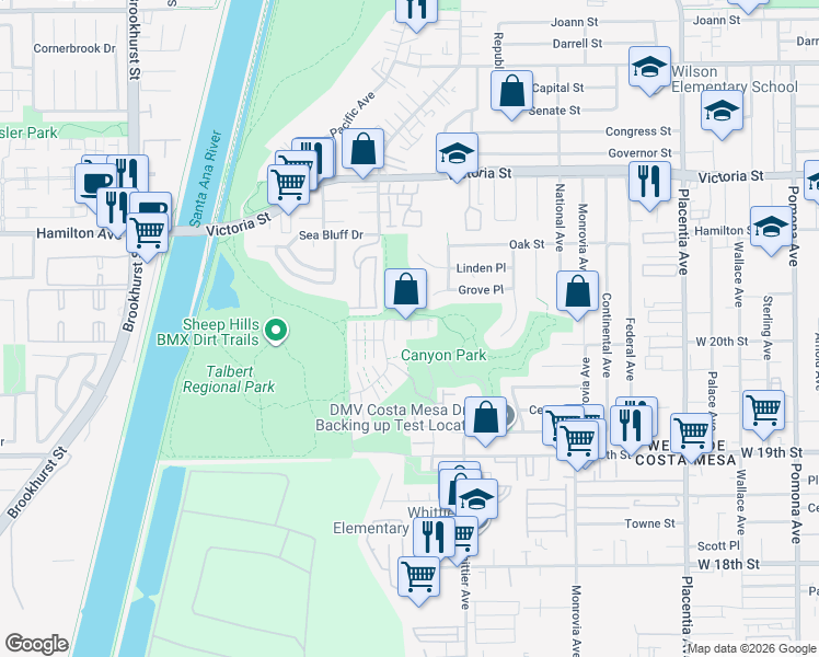 map of restaurants, bars, coffee shops, grocery stores, and more near 10 Summerwalk Court in Newport Beach