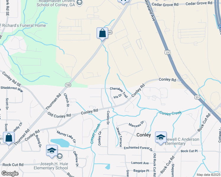 map of restaurants, bars, coffee shops, grocery stores, and more near Cherokee Trail in Conley