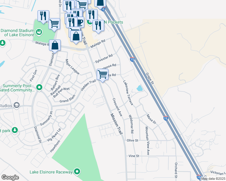 map of restaurants, bars, coffee shops, grocery stores, and more near 32544 Crescent Avenue in Lake Elsinore