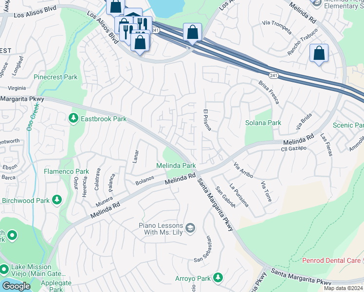 map of restaurants, bars, coffee shops, grocery stores, and more near 28938 Paseo Caravella in Mission Viejo