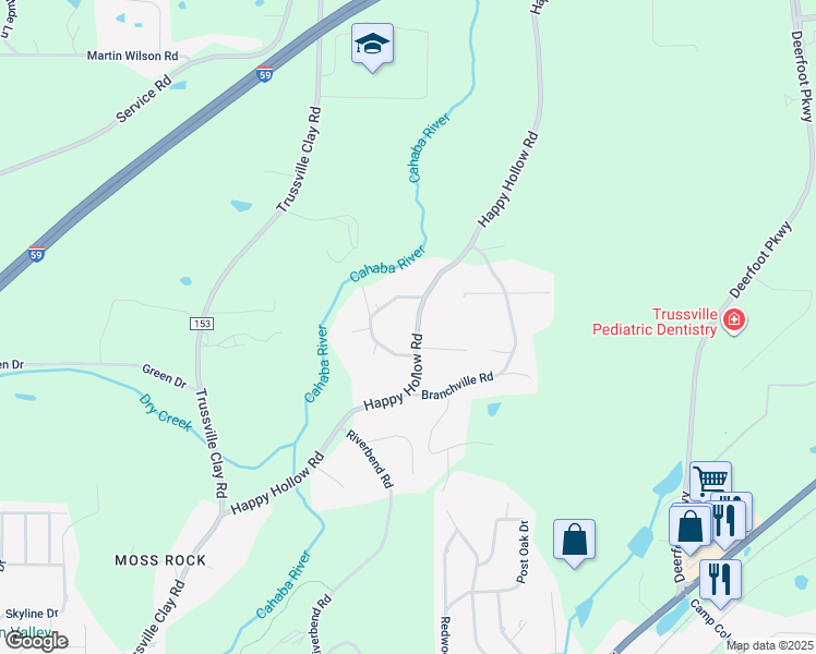 map of restaurants, bars, coffee shops, grocery stores, and more near 6648 Happy Hollow Road in Trussville