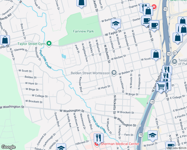map of restaurants, bars, coffee shops, grocery stores, and more near 1502 North Binkley Street in Sherman