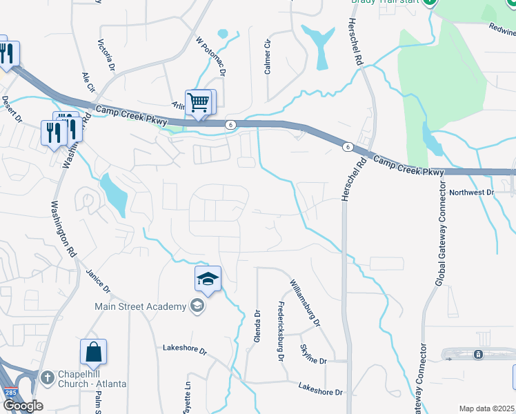 map of restaurants, bars, coffee shops, grocery stores, and more near 2775 Charlestown Drive in Atlanta