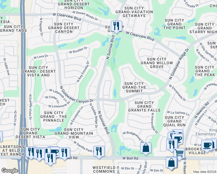 map of restaurants, bars, coffee shops, grocery stores, and more near 18027 North Somerset Drive in Surprise