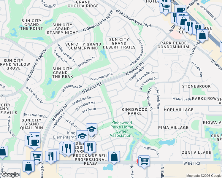 map of restaurants, bars, coffee shops, grocery stores, and more near 15044 West Kings Drive in Surprise