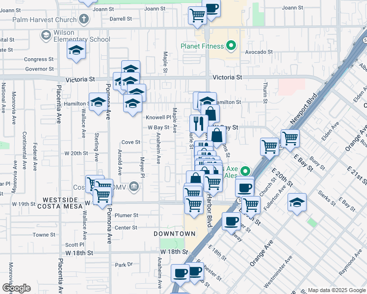 map of restaurants, bars, coffee shops, grocery stores, and more near 1996 Maple Avenue in Costa Mesa