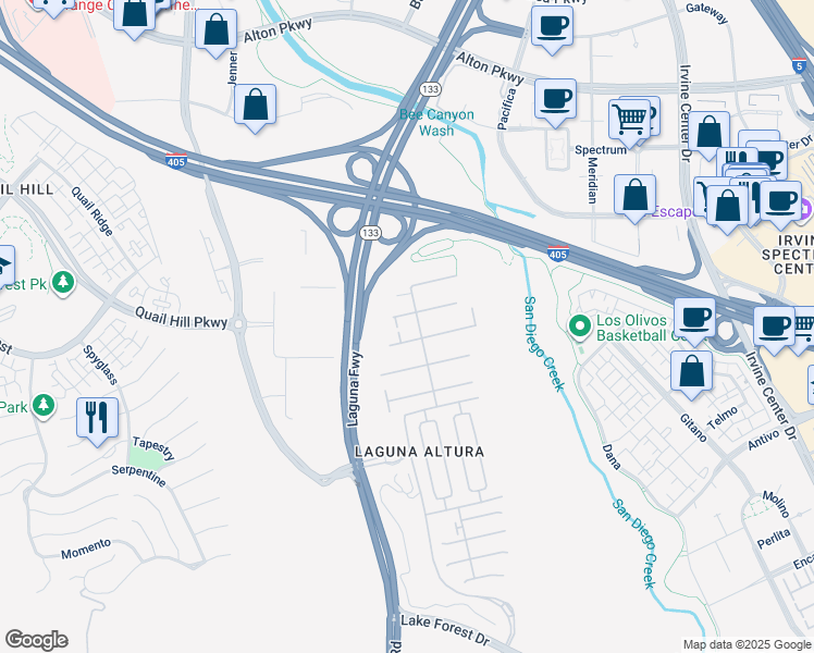 map of restaurants, bars, coffee shops, grocery stores, and more near 48 Brindisi in Irvine