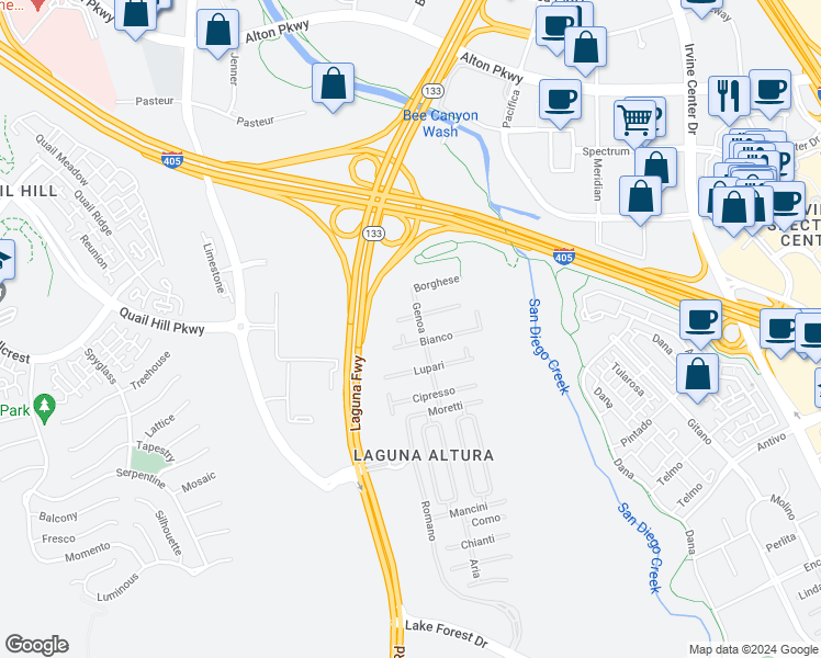 map of restaurants, bars, coffee shops, grocery stores, and more near 48 Brindisi in Irvine
