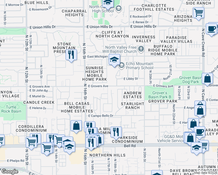 map of restaurants, bars, coffee shops, grocery stores, and more near 1750 East Grovers Avenue in Phoenix
