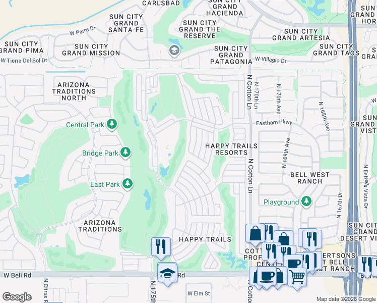 map of restaurants, bars, coffee shops, grocery stores, and more near 17950 North Powderhorn in Surprise