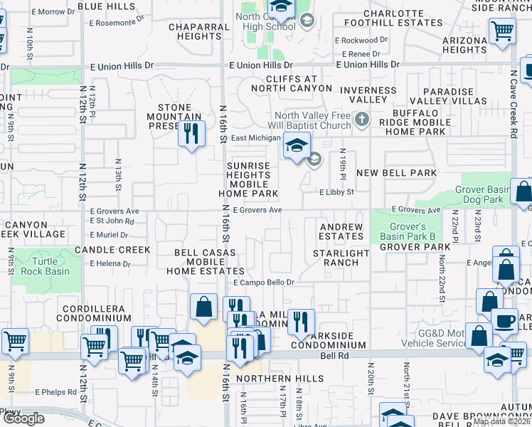 map of restaurants, bars, coffee shops, grocery stores, and more near 1721 East Libby Street in Phoenix