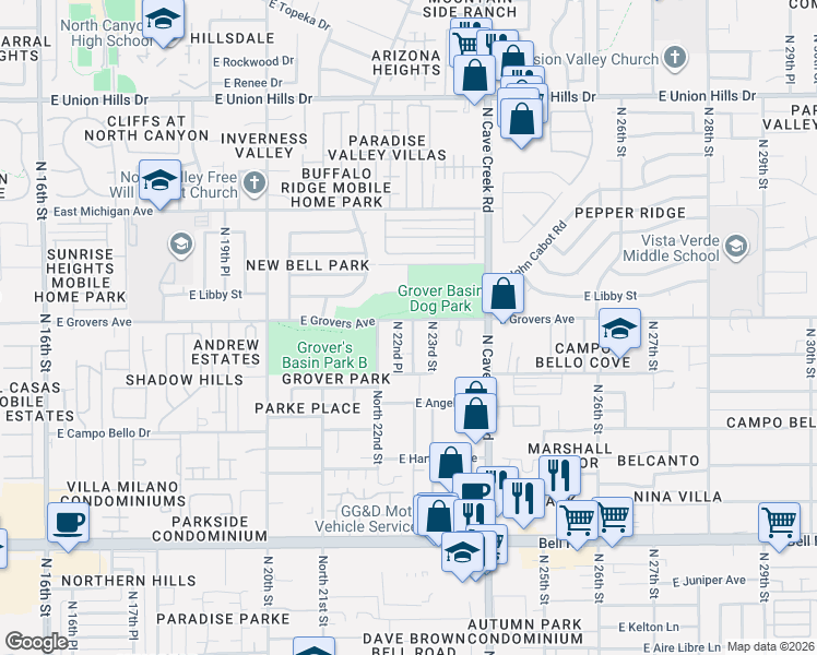 map of restaurants, bars, coffee shops, grocery stores, and more near 2239 East Grovers Avenue in Phoenix