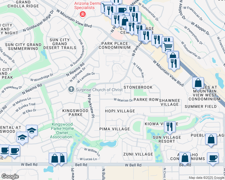 map of restaurants, bars, coffee shops, grocery stores, and more near 17927 North Parkview Place in Surprise