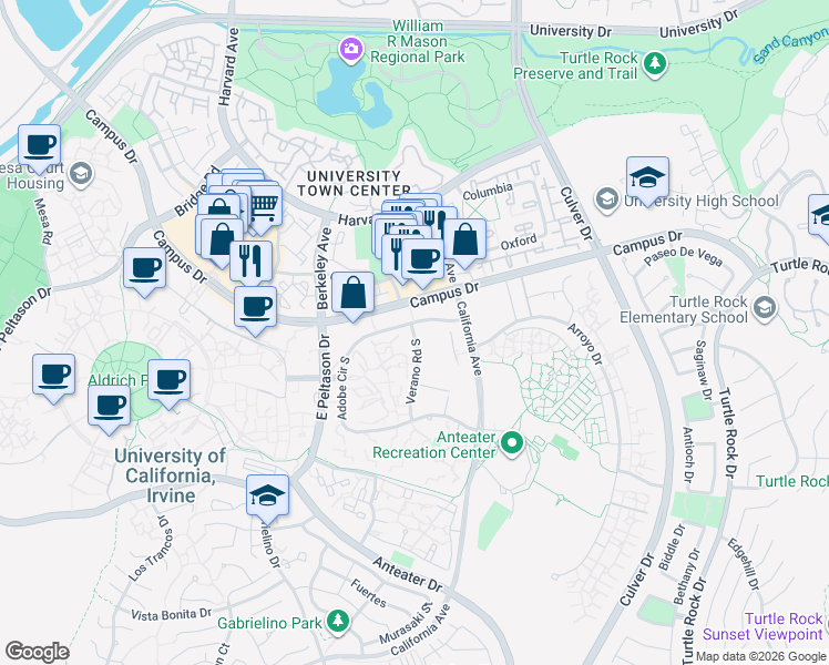map of restaurants, bars, coffee shops, grocery stores, and more near 4100 Adobe Circle Road in Irvine