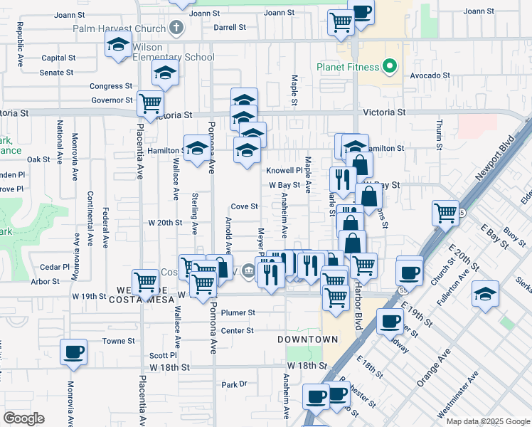 map of restaurants, bars, coffee shops, grocery stores, and more near 591 Seabright Circle in Costa Mesa