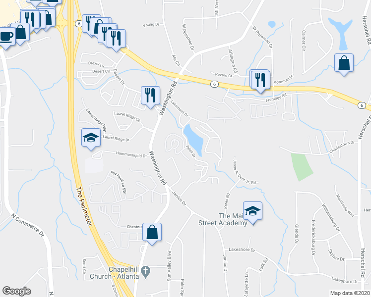 map of restaurants, bars, coffee shops, grocery stores, and more near 3200 Lakemont Drive in Atlanta