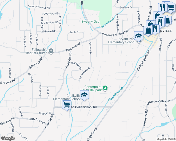 map of restaurants, bars, coffee shops, grocery stores, and more near 2326 Applewood Drive in Center Point