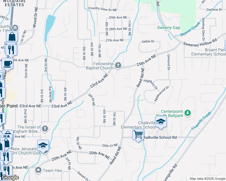 map of restaurants, bars, coffee shops, grocery stores, and more near 2424 7th Place Northeast in Center Point