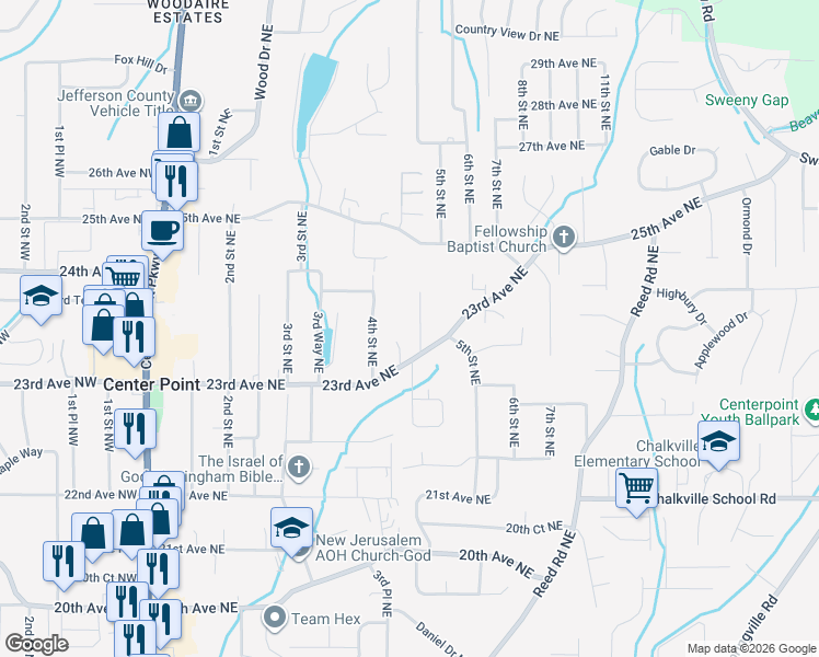 map of restaurants, bars, coffee shops, grocery stores, and more near 2315 4th Place Northeast in Center Point