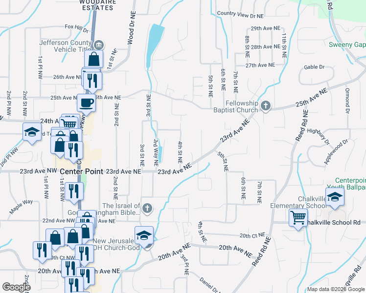 map of restaurants, bars, coffee shops, grocery stores, and more near 2329 4th Street Northeast in Center Point