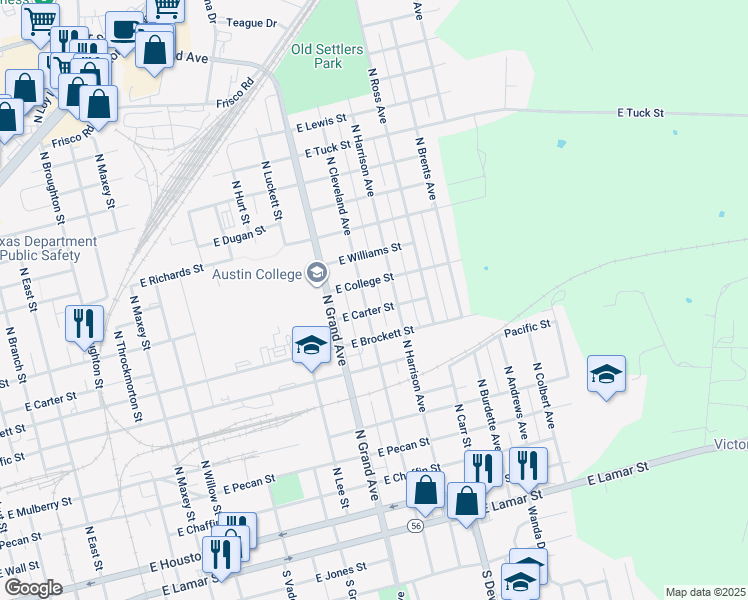 map of restaurants, bars, coffee shops, grocery stores, and more near 814 North Harrison Avenue in Sherman