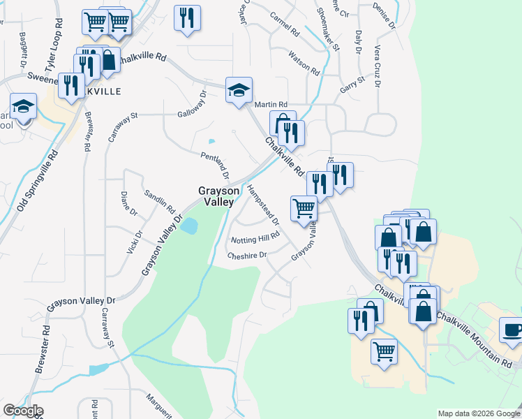 map of restaurants, bars, coffee shops, grocery stores, and more near 2447 Hampstead Drive in Birmingham