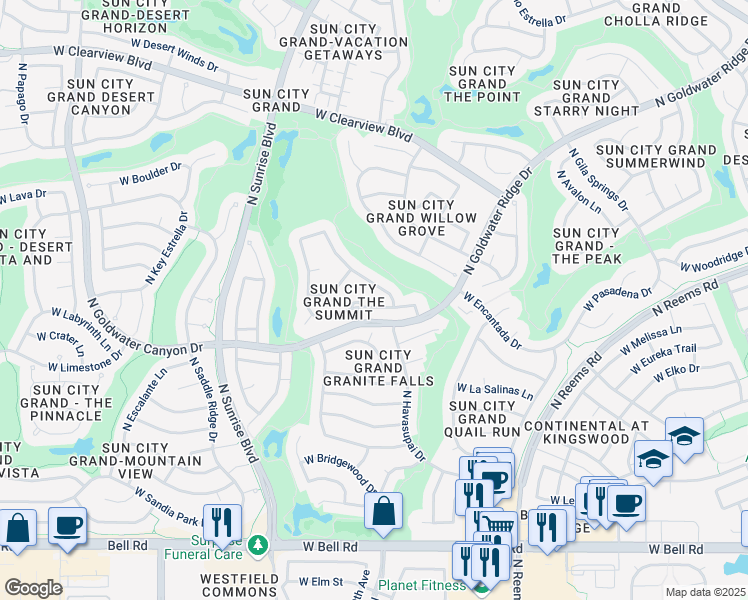 map of restaurants, bars, coffee shops, grocery stores, and more near 18011 North Timber Ridge Drive in Surprise