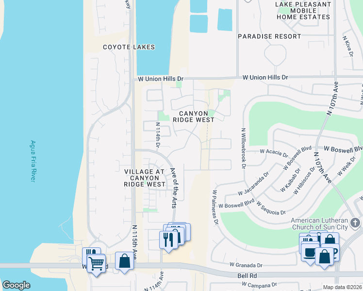 map of restaurants, bars, coffee shops, grocery stores, and more near 18151 North 113th Circle in Surprise