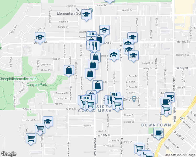map of restaurants, bars, coffee shops, grocery stores, and more near 790 Wonder Lane in Costa Mesa