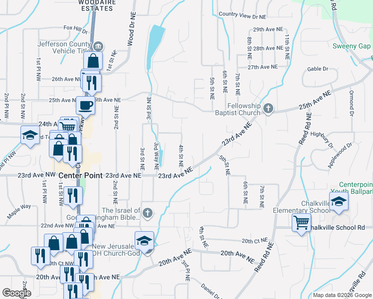 map of restaurants, bars, coffee shops, grocery stores, and more near 2329 4th Street Northeast in Center Point