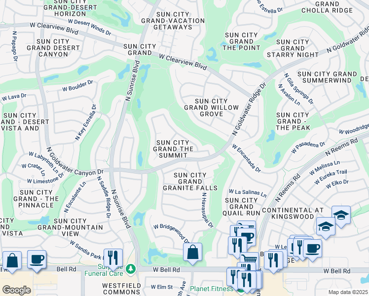 map of restaurants, bars, coffee shops, grocery stores, and more near 18050 North Timber Ridge Drive in Surprise