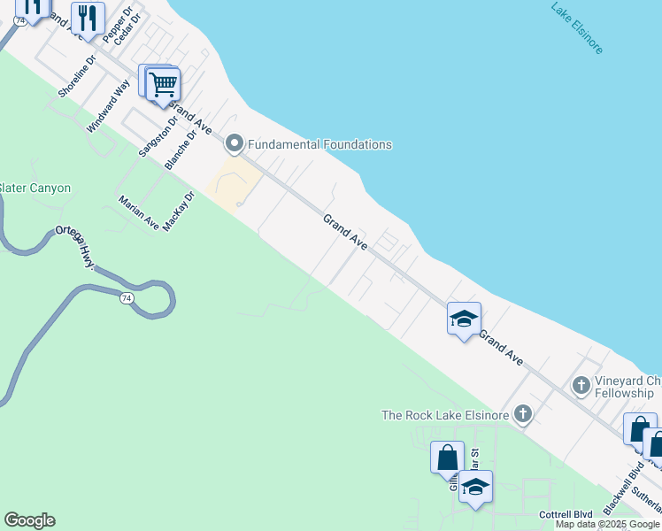 map of restaurants, bars, coffee shops, grocery stores, and more near 33085 Garner Road in Lake Elsinore