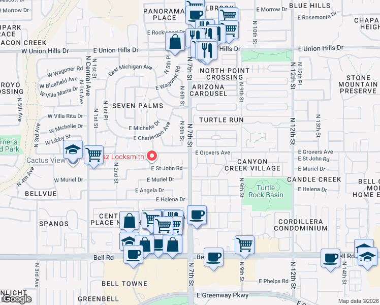 map of restaurants, bars, coffee shops, grocery stores, and more near N 7th St & E Grovers Ave in Phoenix