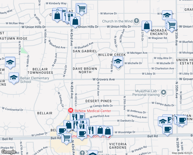 map of restaurants, bars, coffee shops, grocery stores, and more near 17802 North 41st Avenue in Glendale