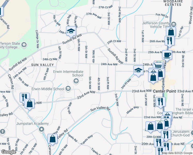 map of restaurants, bars, coffee shops, grocery stores, and more near 2328 4th Street Northwest in Center Point