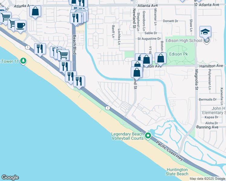 map of restaurants, bars, coffee shops, grocery stores, and more near 21851 Newland Street in Huntington Beach