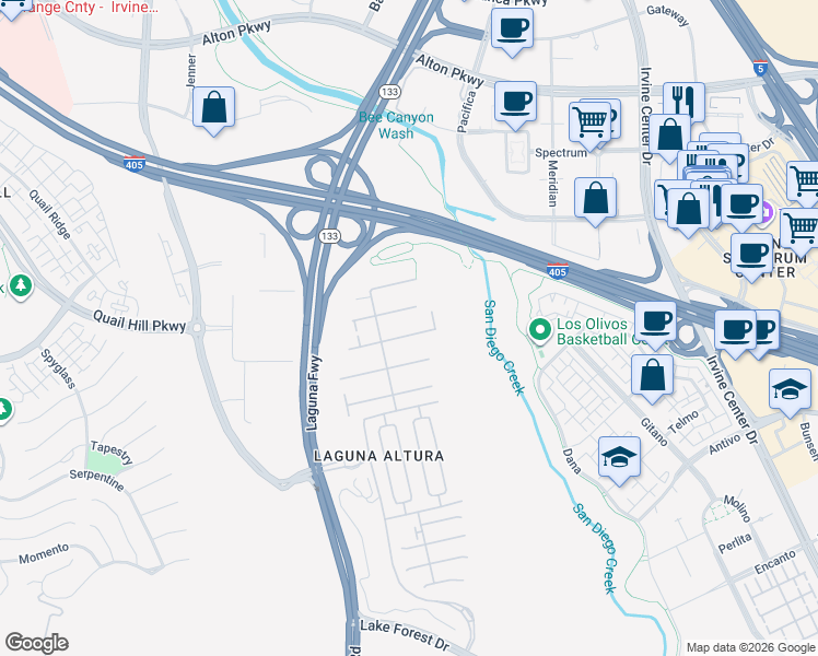 map of restaurants, bars, coffee shops, grocery stores, and more near 83 Bianco in Irvine