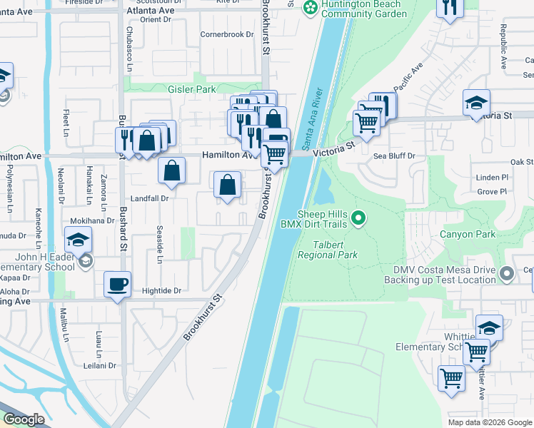 map of restaurants, bars, coffee shops, grocery stores, and more near 21712 Brookhurst Street in Huntington Beach