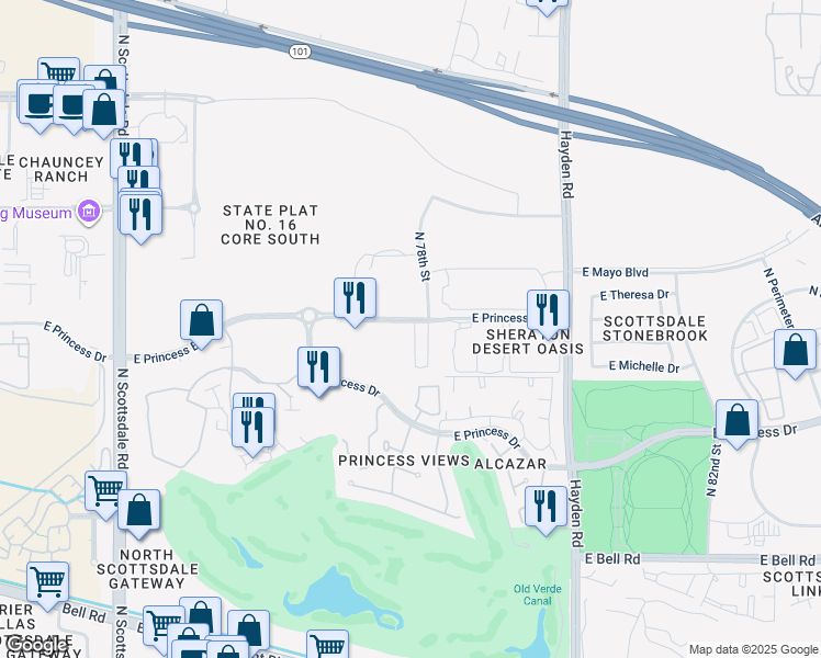 map of restaurants, bars, coffee shops, grocery stores, and more near 7777 East Princess Boulevard in Scottsdale