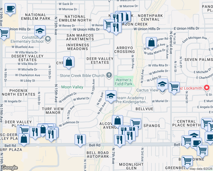 map of restaurants, bars, coffee shops, grocery stores, and more near 17816 North 8th Drive in Phoenix