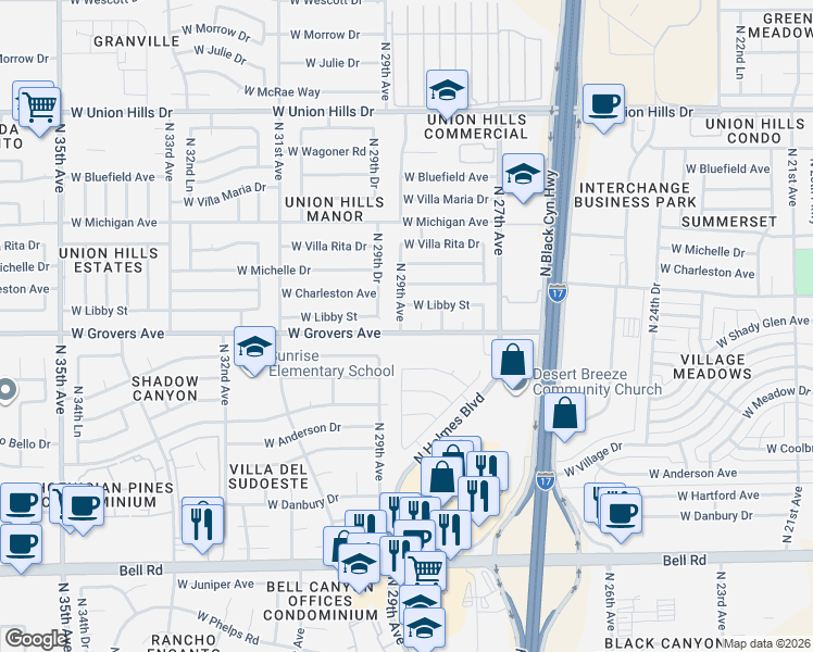 map of restaurants, bars, coffee shops, grocery stores, and more near 2827 West Libby Street in Phoenix