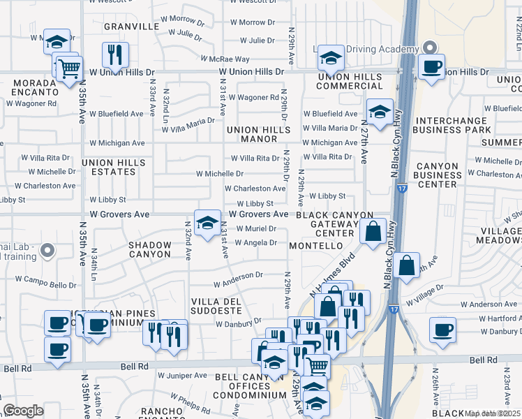 map of restaurants, bars, coffee shops, grocery stores, and more near 2954 West Libby Street in Phoenix