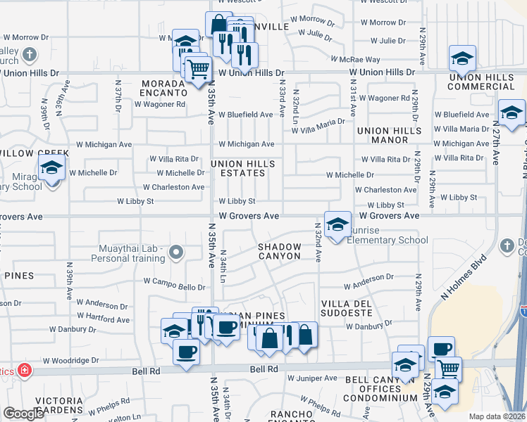map of restaurants, bars, coffee shops, grocery stores, and more near 3321 West Libby Street in Phoenix