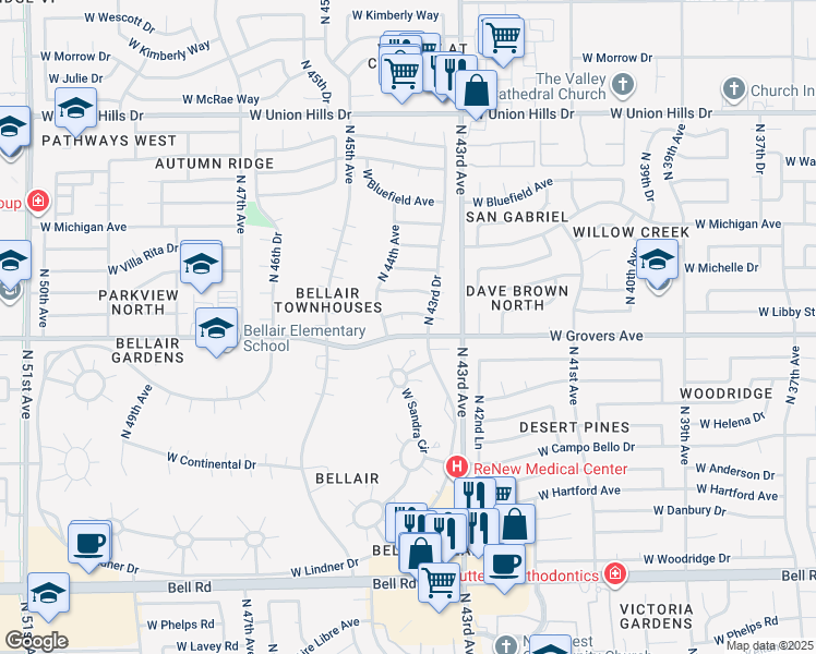 map of restaurants, bars, coffee shops, grocery stores, and more near 17810 North 43rd Drive in Glendale