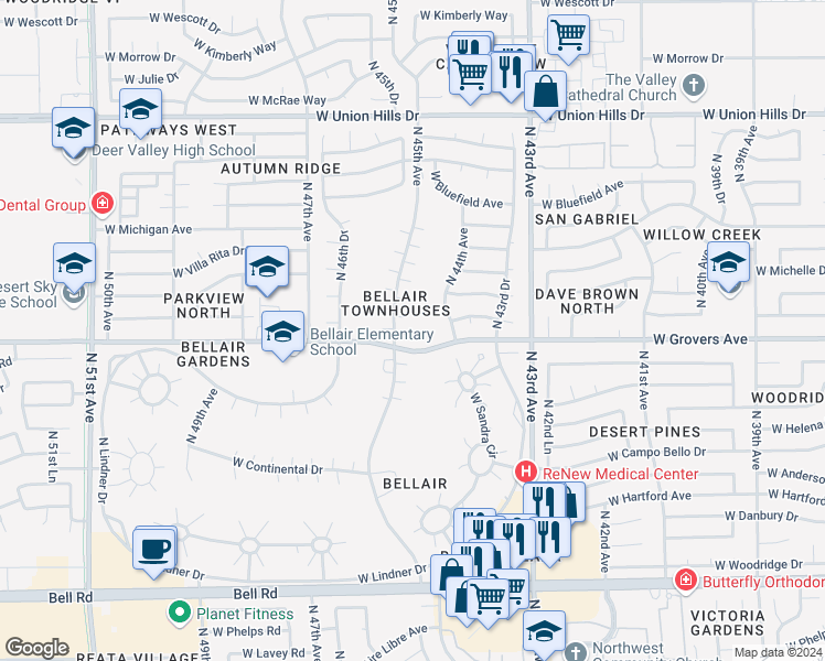 map of restaurants, bars, coffee shops, grocery stores, and more near 17831 North 45th Avenue in Glendale