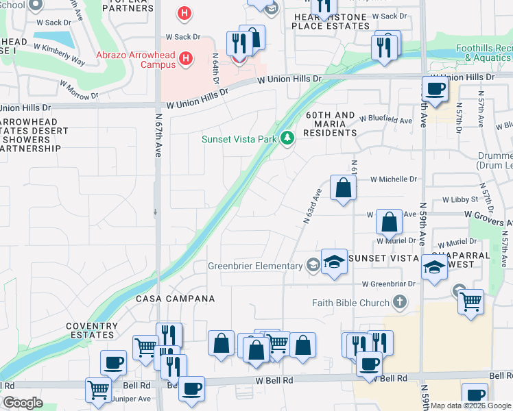 map of restaurants, bars, coffee shops, grocery stores, and more near 6417 West Libby Street in Glendale